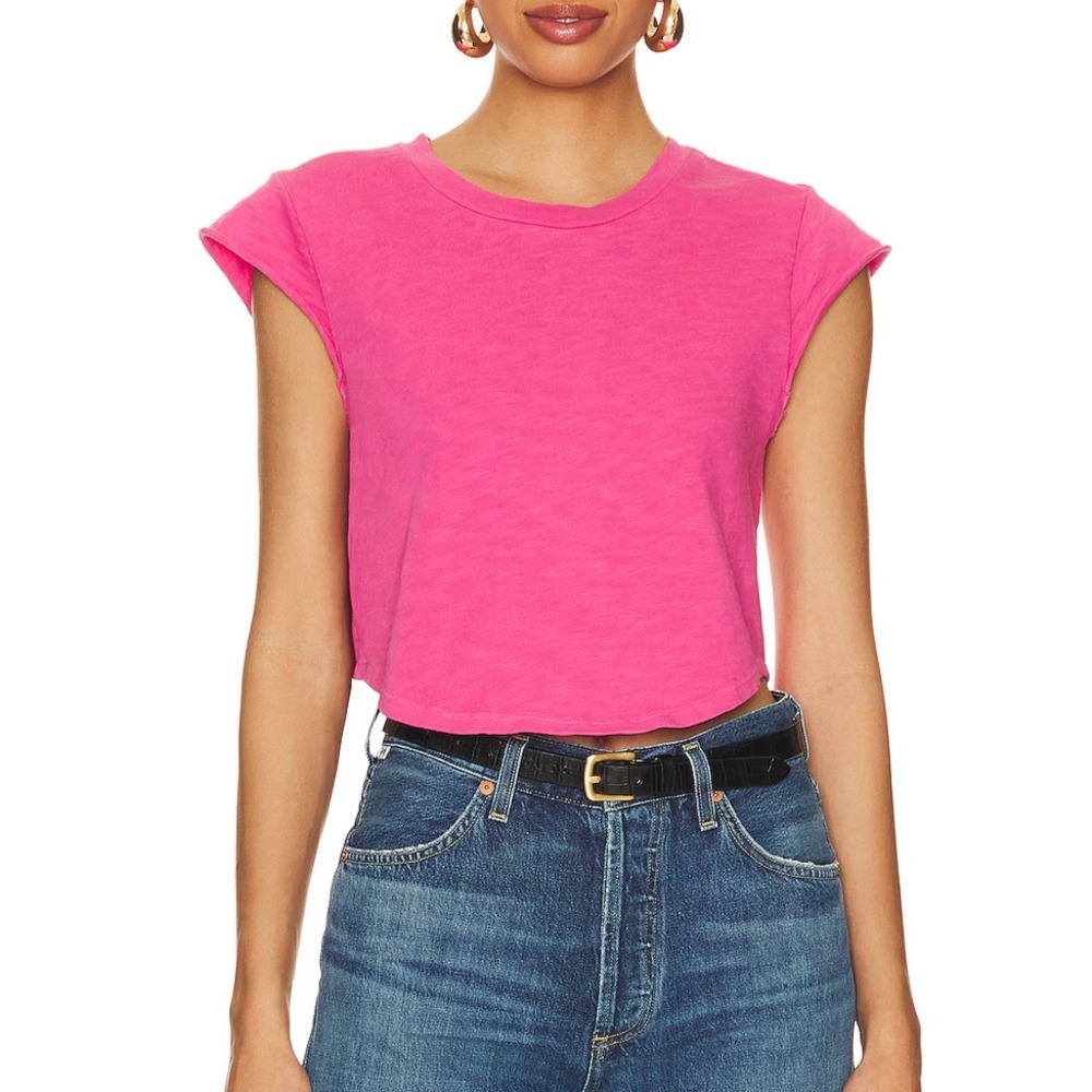 LNA Tee Westin Crewneck Crop Cap Sleeve Pink Slub Cotton